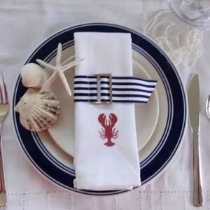 Napkin Rings Nautical Style Belt Loop Stripes, Blue and White with Metal Accent